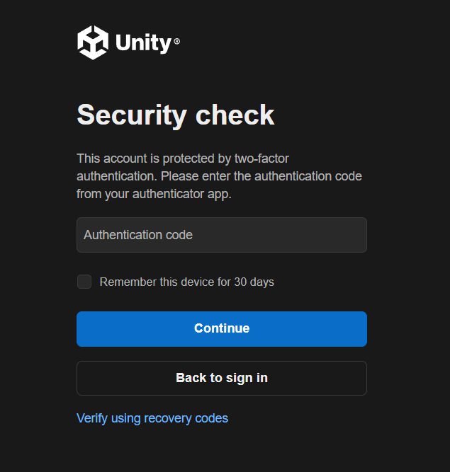Unity 2段階認証　ログインできない